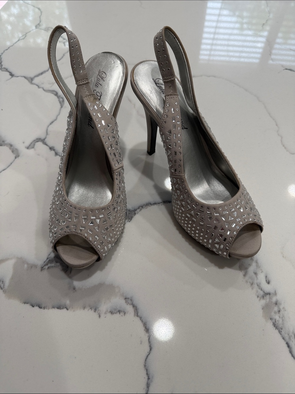 Lulu Townsend Silver/Taupe Crystal Peep-Toe Slingback Heels